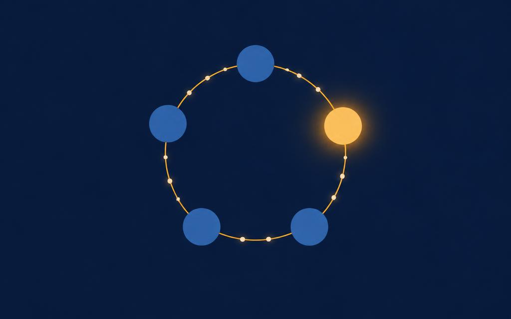Minimal illustration of a loop of five connected nodes with one glowing amber node, on a deep navy background