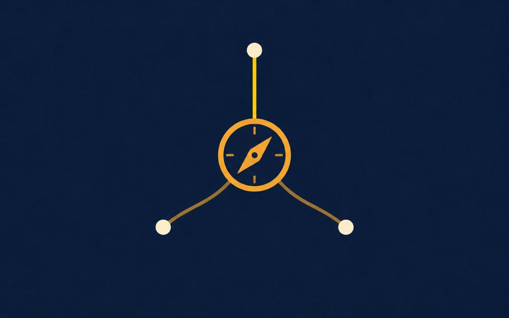 Minimal illustration of a gold compass dial with three paths leading to three small cream circles, on a deep navy background