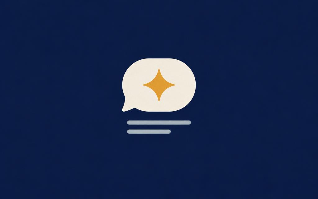 Minimal illustration of a cream chat bubble containing a gold spark, on a deep navy background