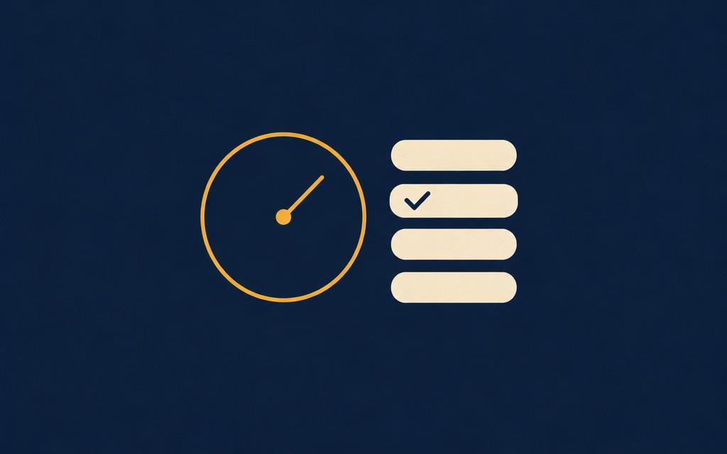 Minimal illustration of a clock outline beside a short checklist with one check mark, on a deep navy background